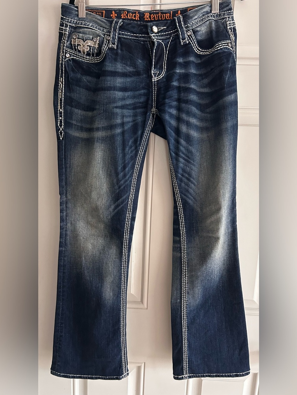 Rock Revival Dark Blue Boot Cut Jeans with White Contrast Stitching